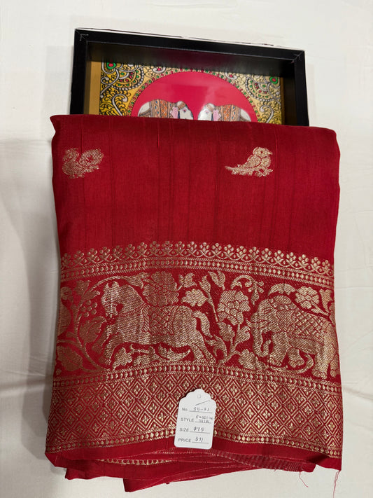 Russian silk saree in Red with blue