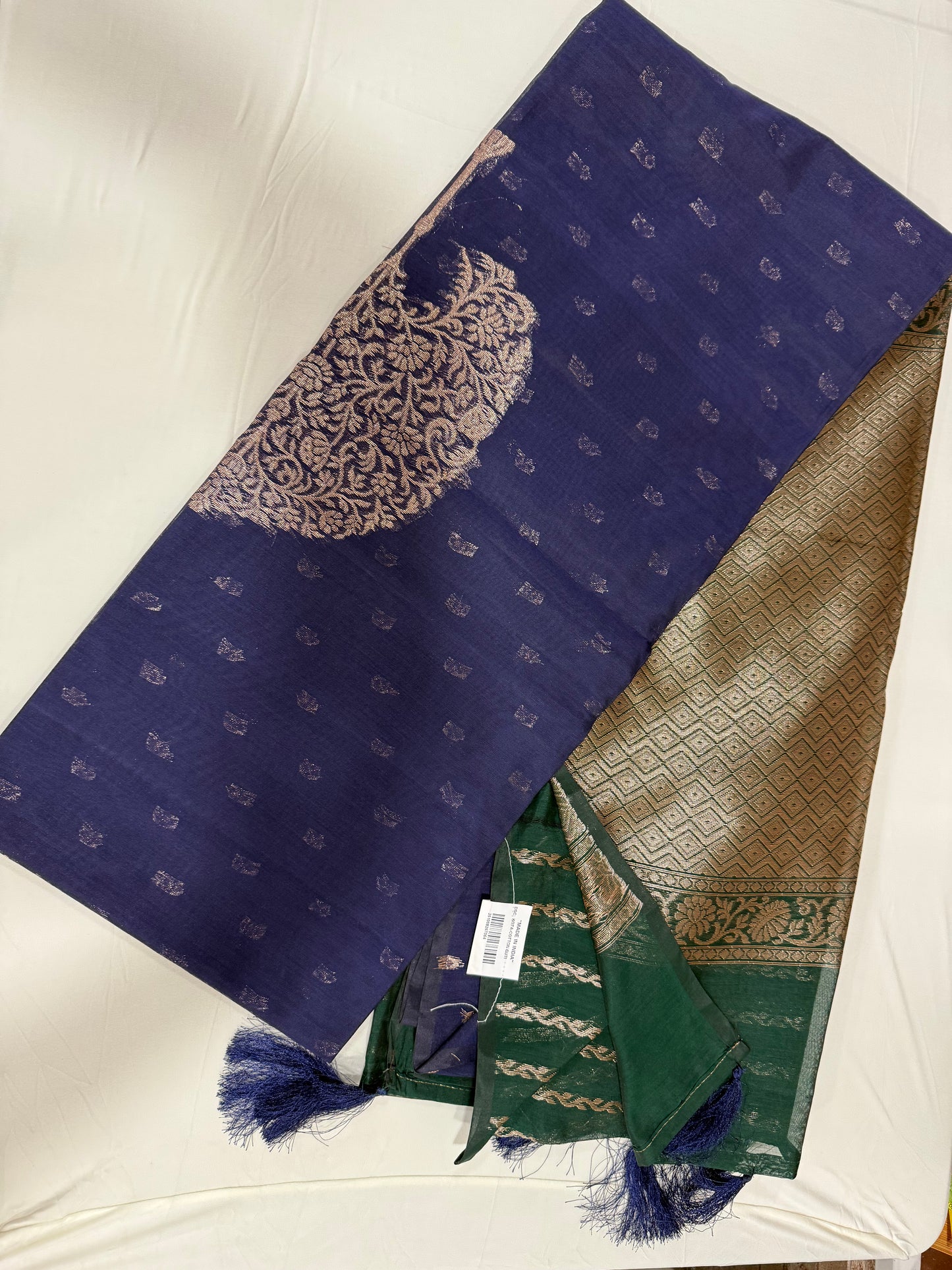Chanderi silk saree in Navy blue with green zari pallu