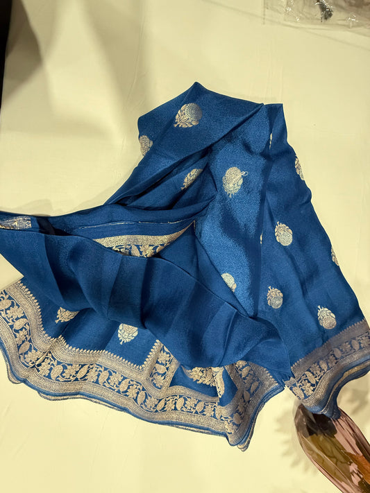 Russian silk saree in grey with silver zari