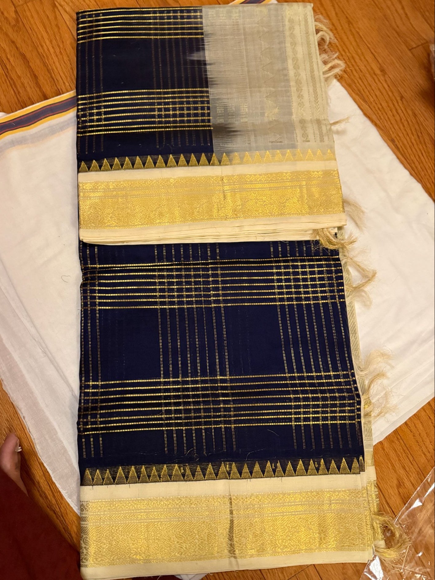 Silk cotton saree in Navy Blue with half white border