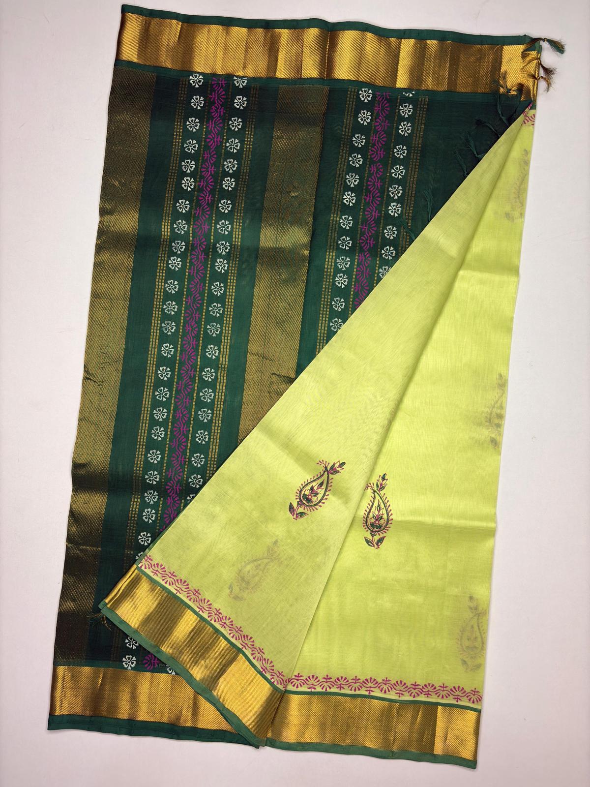 Printed Silk Cotton Saree in Parrot Green with Dark Green border