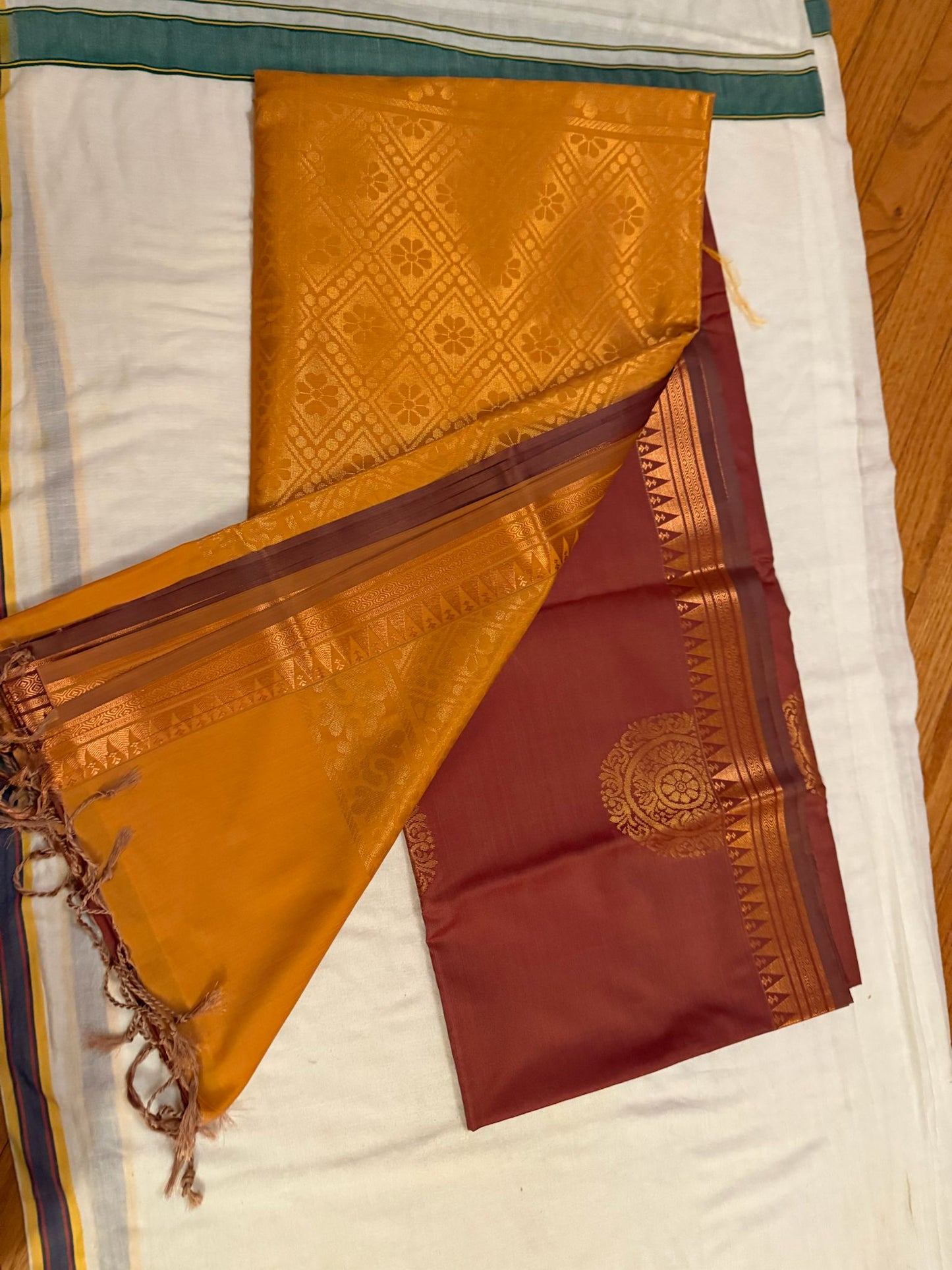 Sold Out Soft silk saree in Brown with mustard