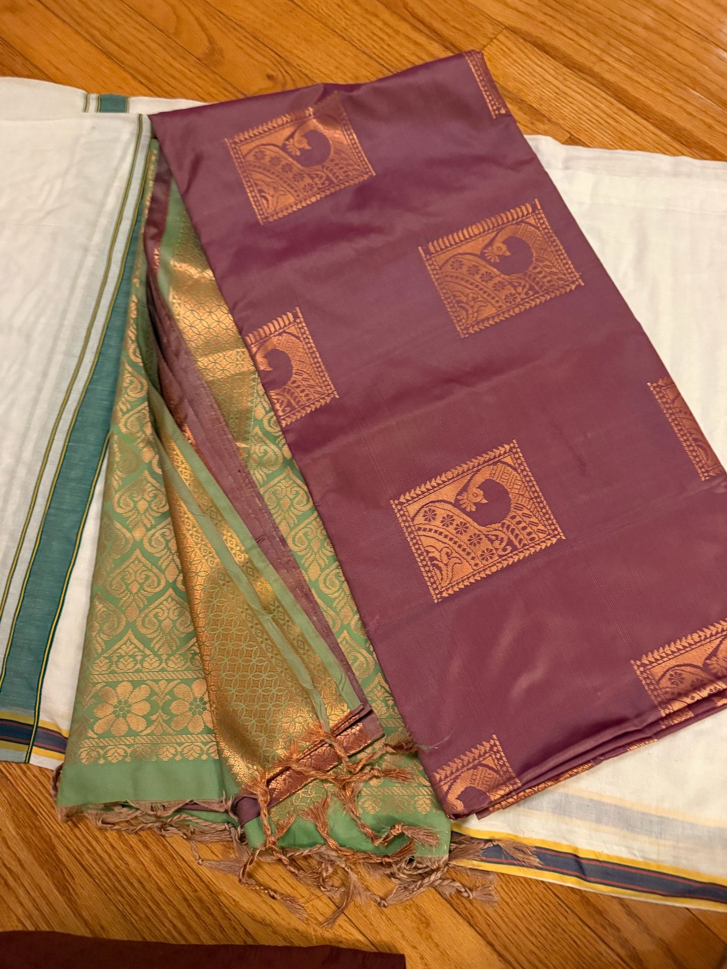 Soft silk saree in double shade purple with green