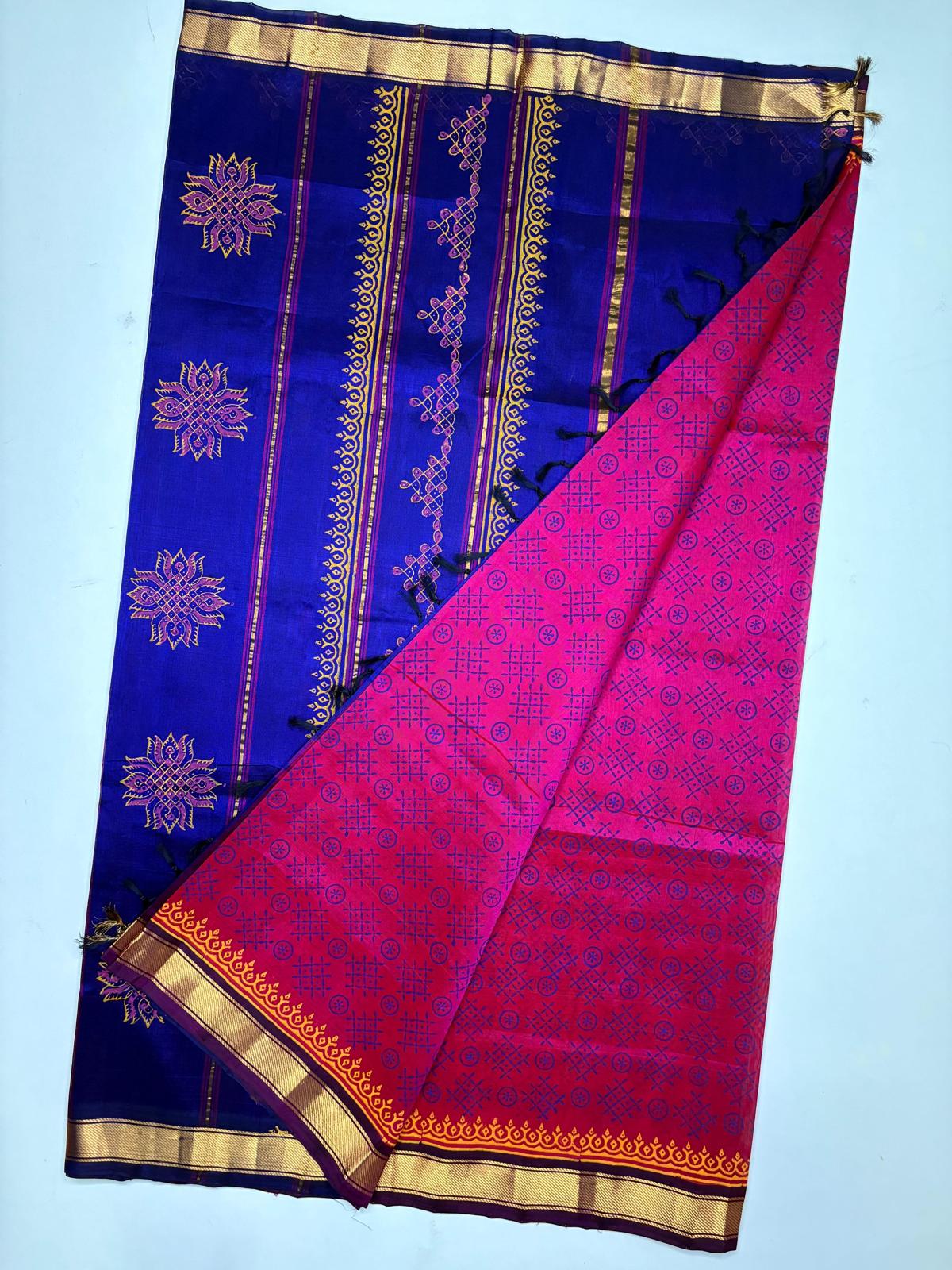 Printed silk cotton saree in Magenta with Blue border
