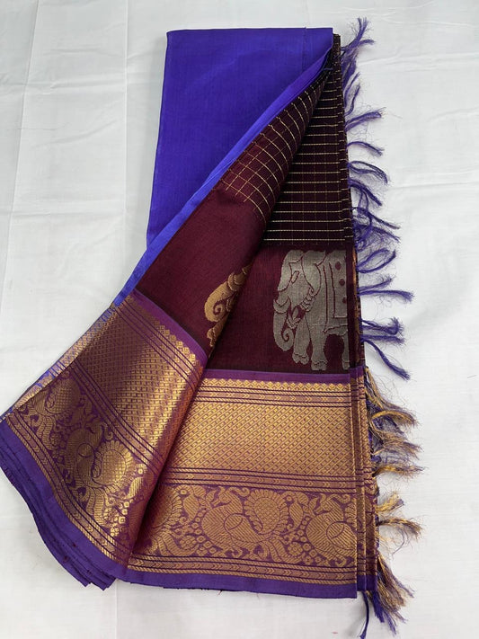Pure small checked Silk cotton saree in brown with purple korvai zari border