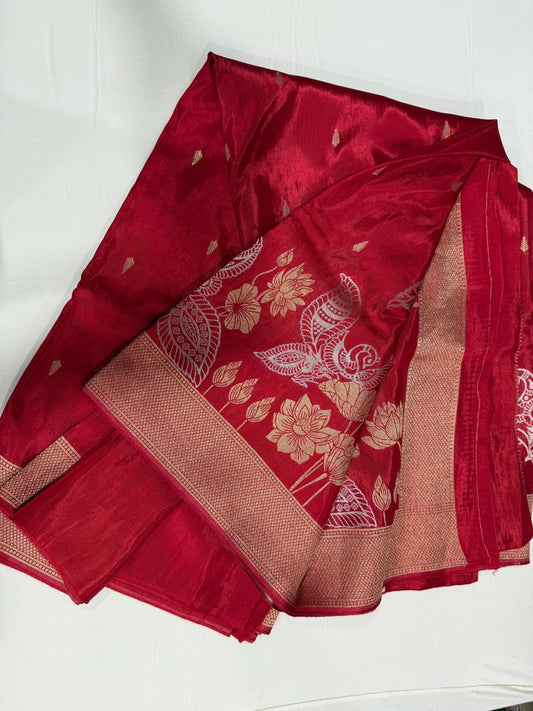 Russian silk saree in Red zari pallu