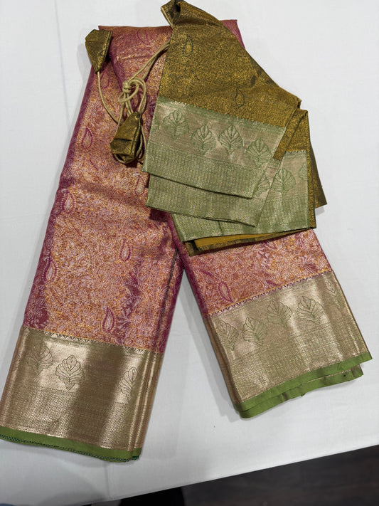 Tissue silk saree in orange  and green
