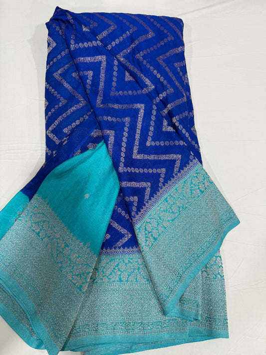 Pure georgette silk saree in blue and teal