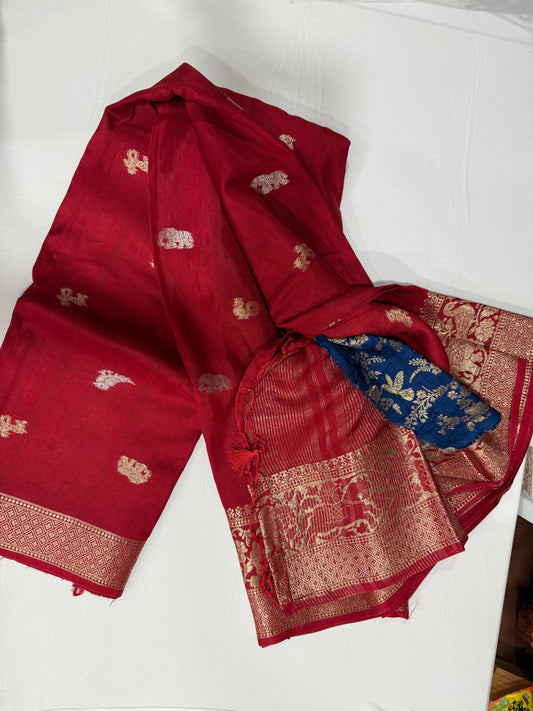 Russian silk saree in Red with blue