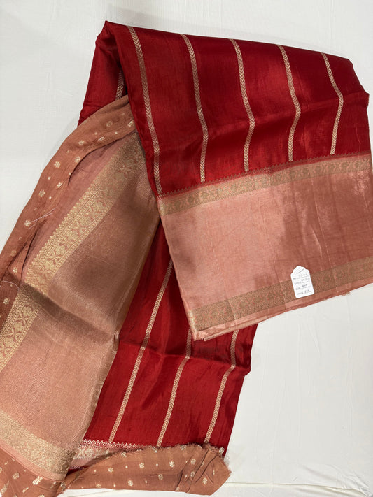 Russian silk saree in Red with pink zari pallu