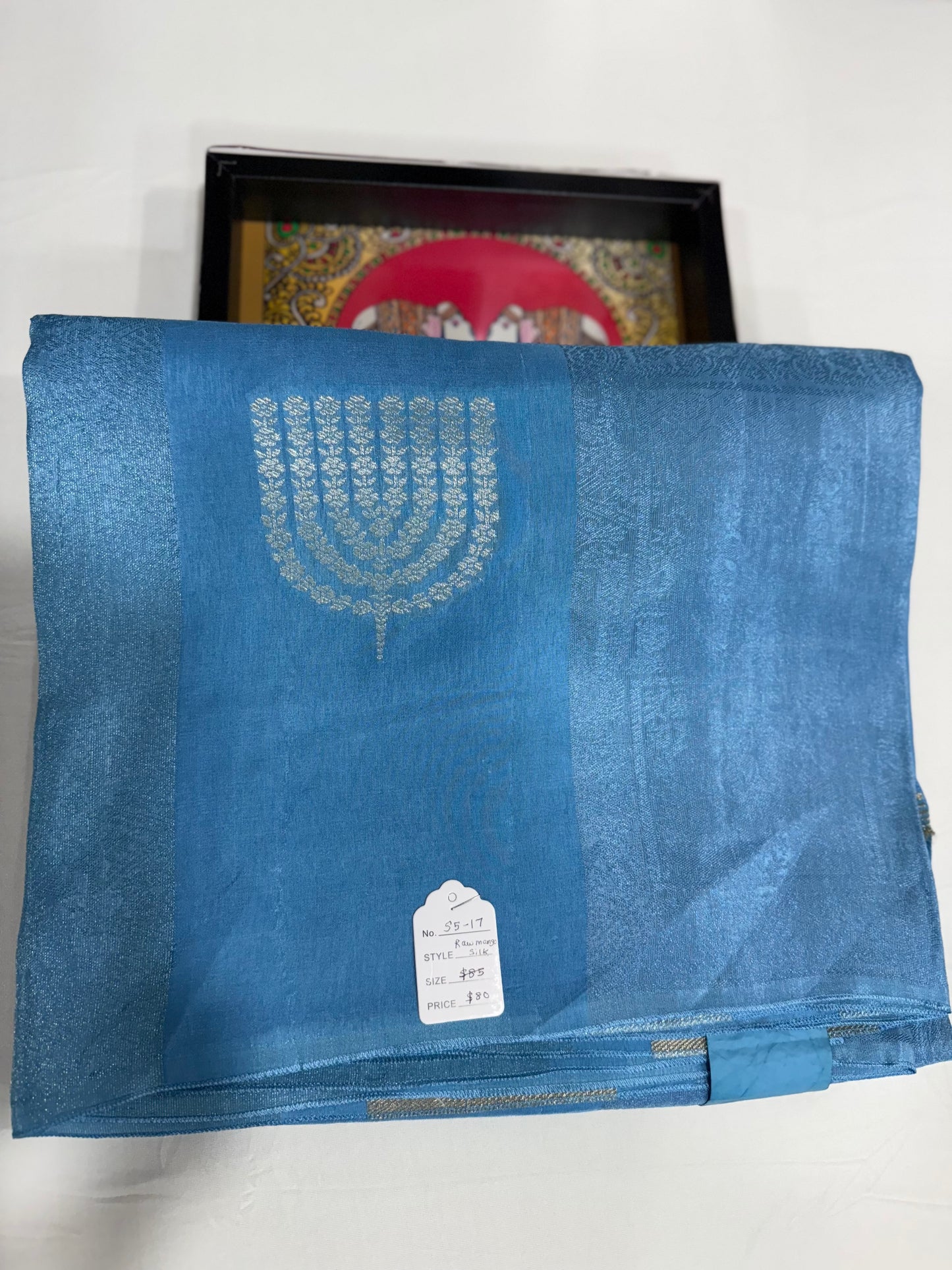 Raw mango silk saree in light blue with zari pallu