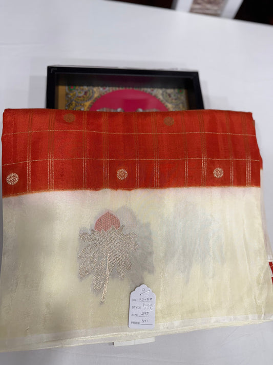 Russian silk saree in orange with checks and half white border with zari pallu