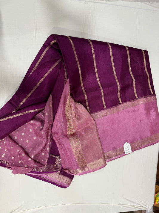 Russian silk saree in purple with pink zari pallu