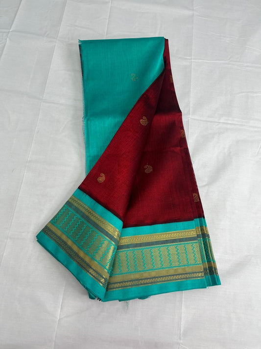 Pure Silk cotton saree in Maroon with teal  korvai zari border