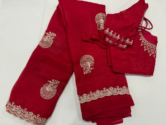 Space silk saree in Red with stitched blouse