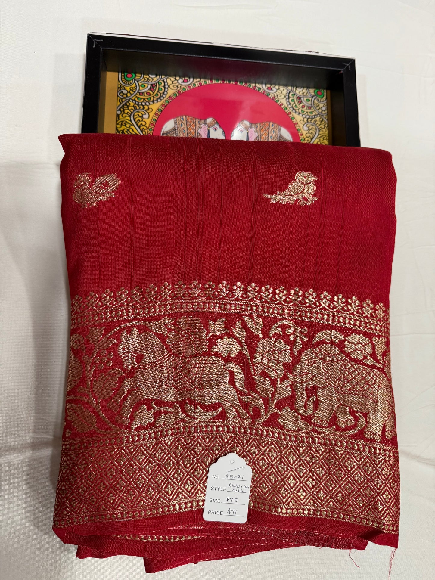 Russian silk saree in Red with blue
