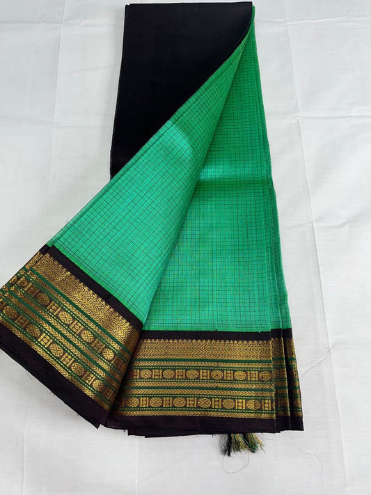 Pure small checked Silk cotton saree in Mint green with black korvai zari border