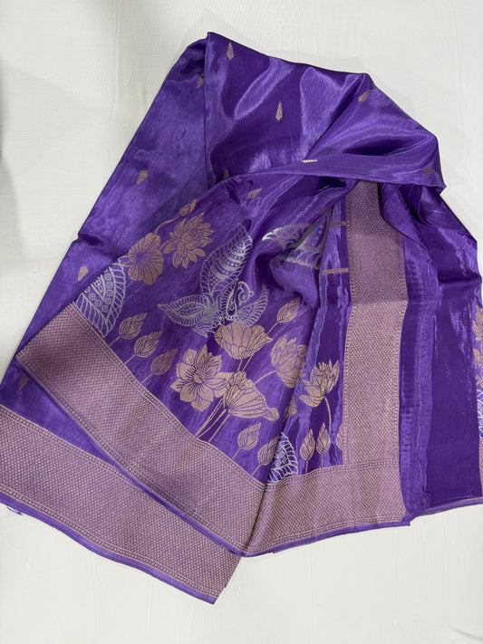Russian silk saree in Lavendar zari pallu