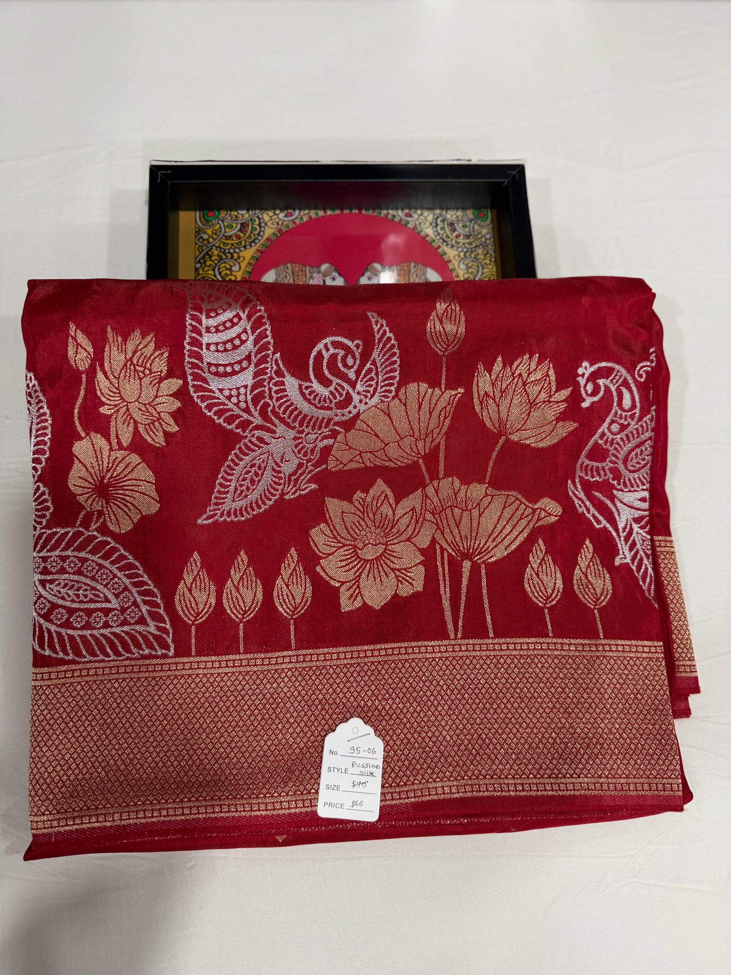Russian silk saree in Red zari pallu