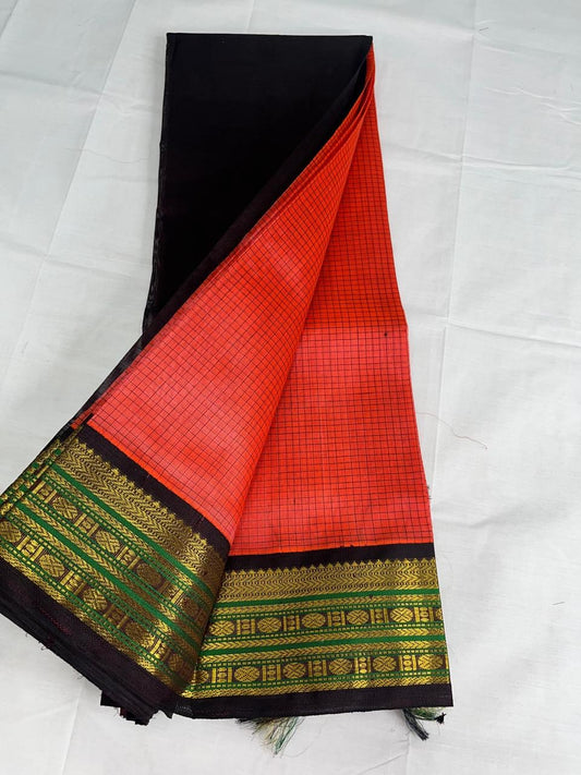 Pure small checked Silk cotton saree in peachish orange with brown korvai zari border