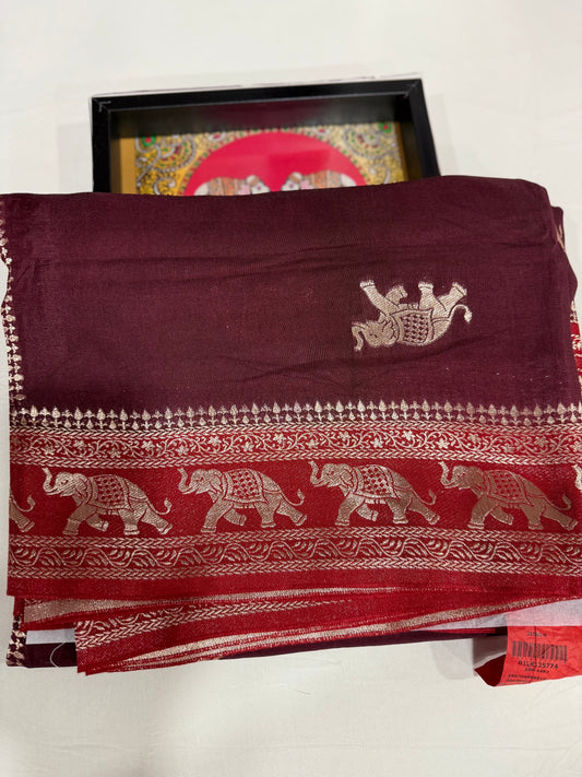 Viscose georgette silk saree in brown with maroon zari pallu