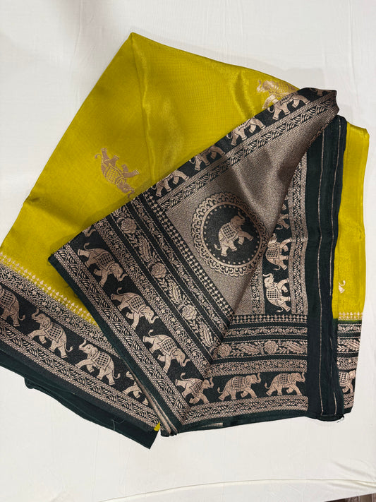 Sold out - Viscose georgette silk saree in green with dark green zari pallu