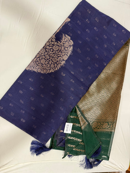 Chanderi silk saree in Navy blue with green zari pallu