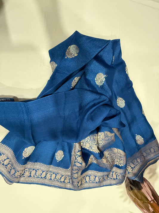 Russian silk saree in grey with silver zari