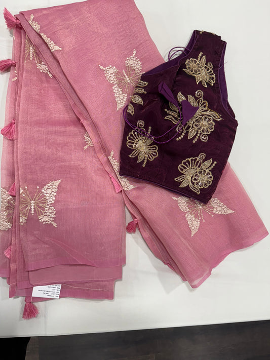 Space silk saree in pink with Readymade blouse