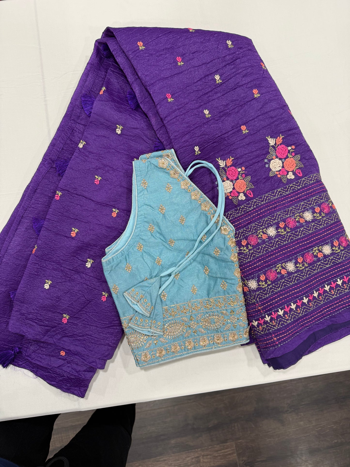 Space silk saree in purple with stitched blouse