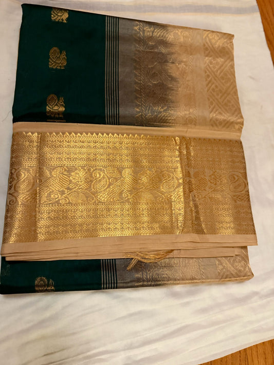 Sold out - Silk cotton saree in Dark green with half white border