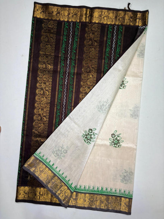 Printed silk cotton saree in White with Brown border