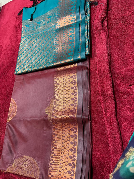 Soft silk saree in Brown with green