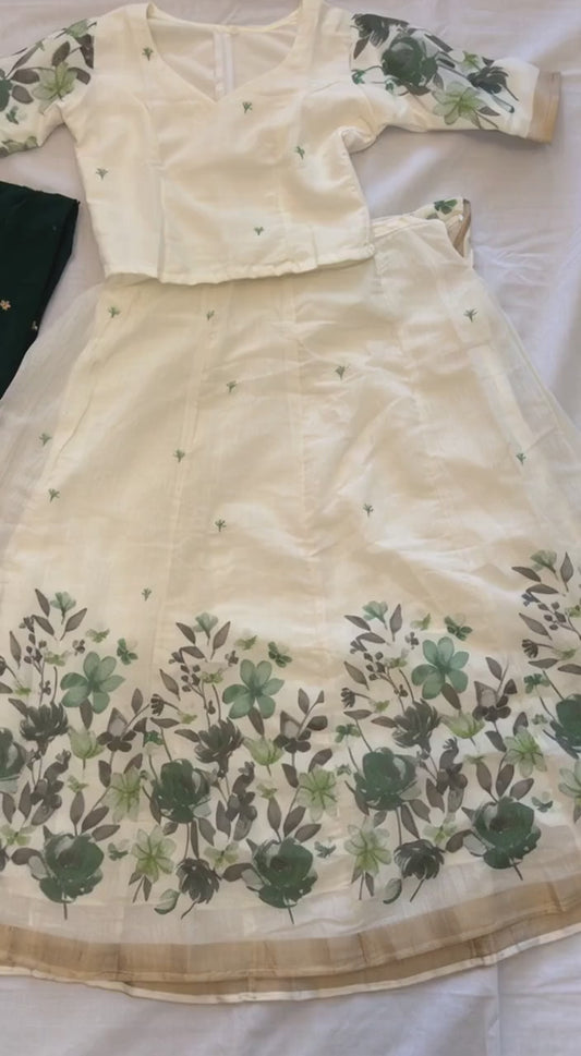 Sold out - cotton white Pavadai dhavani set in green With crop top  size M
