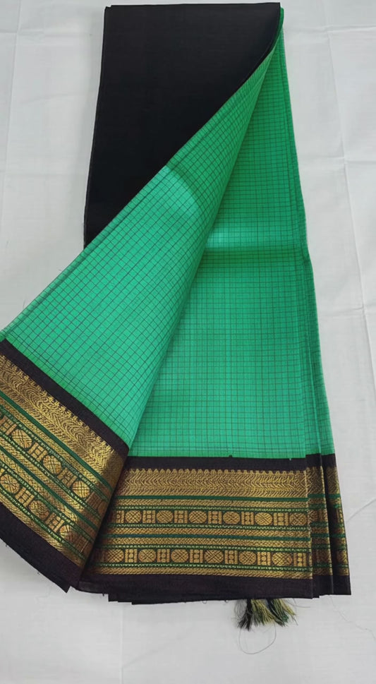 Pure small checked Silk cotton saree in Mint green with black korvai zari border