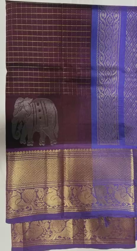 Pure small checked Silk cotton saree in brown with purple korvai zari border