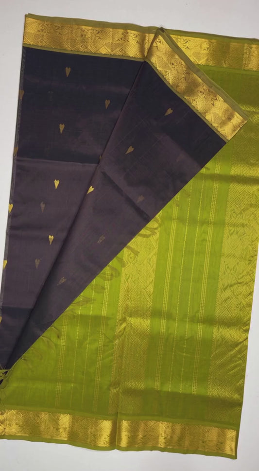 Brown with green border Silk Cotton Saree
