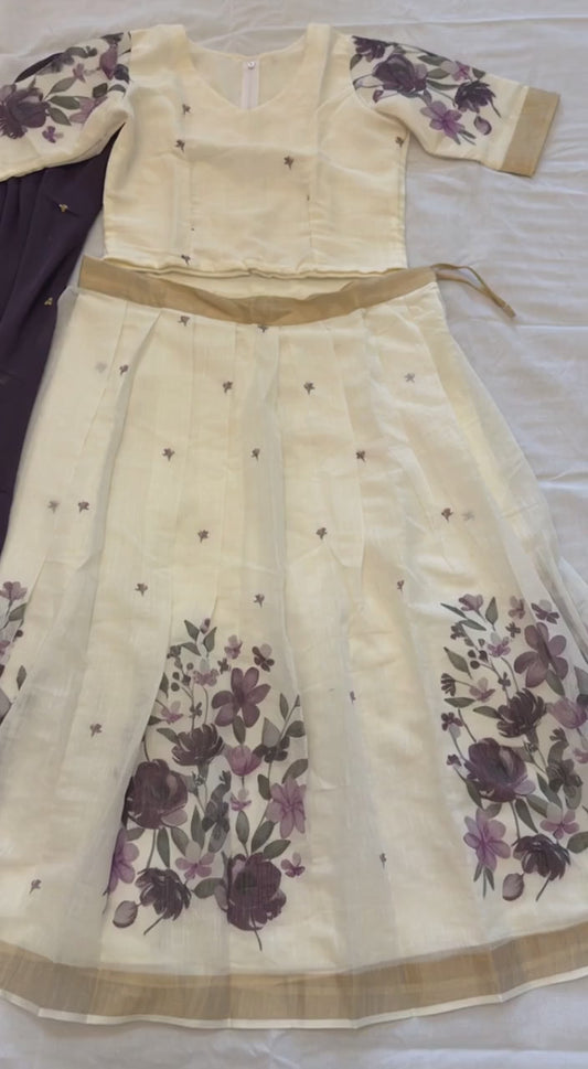 Sold out - cotton white Pavadai dhavani set in purple With crop top
size L