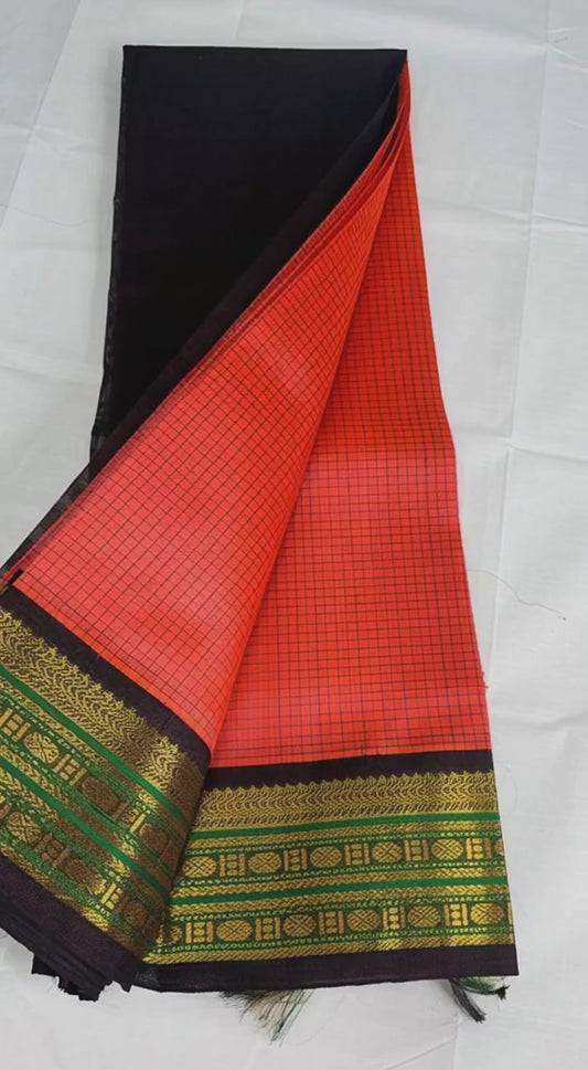 Pure small checked Silk cotton saree in peachish orange with brown korvai zari border