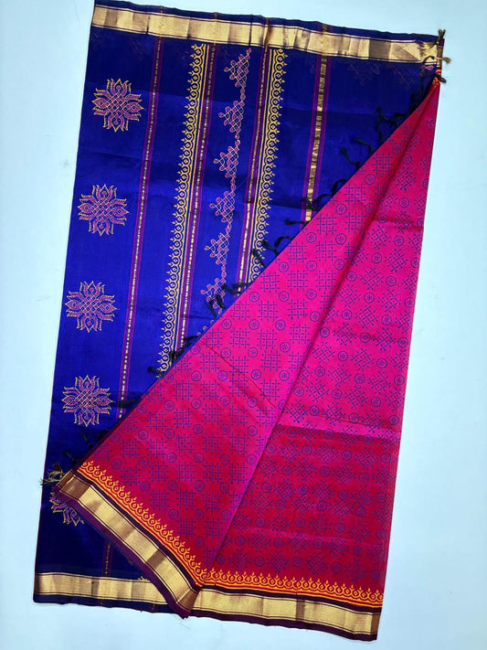 Printed silk cotton saree in Magenta with Blue border